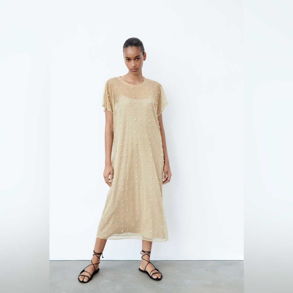 NWT Zara Knit Dress with Pearls / Nude Dress with Mesh Overlay and Pearls